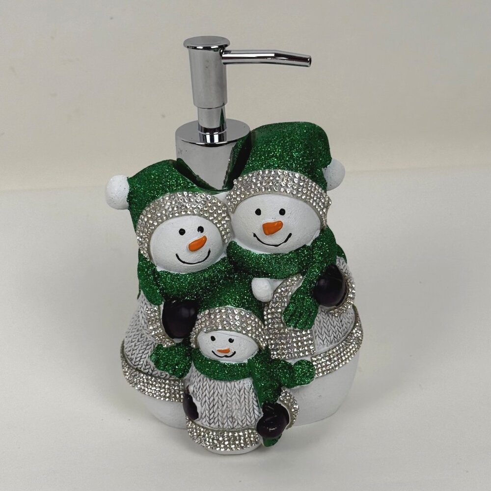 Snowman Family Ceramic Soap Dispenser Green White Rhinestone